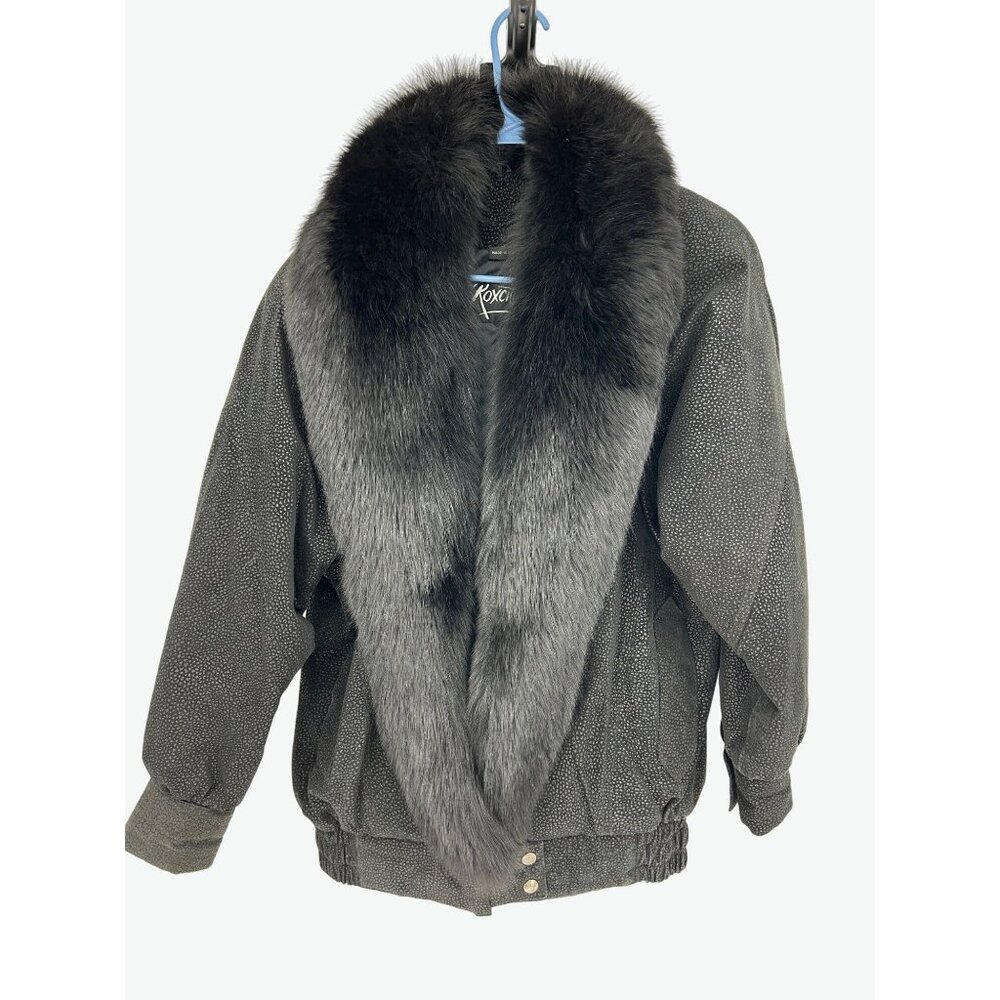 Roxciticus Leather Jacket Fur Collar Vintage 80s Bomber Black S punk rock goth - Picture 2 of 11